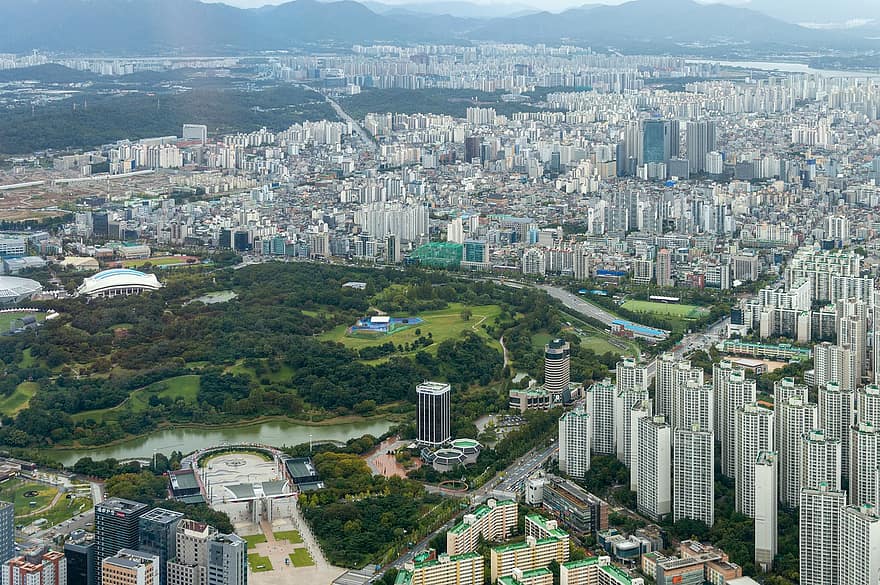 ソウル、シティ、パノラマ、建物、高層ビル、都市、ダウンタウン、メガロポリス、資本、街並み、見る