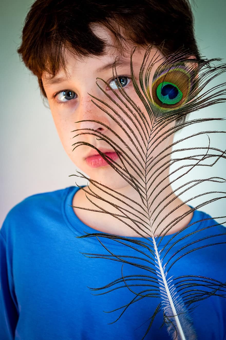 Boy, Peacock Feather, Portrait, Feather, Child, Kid, Young, Face, Pose