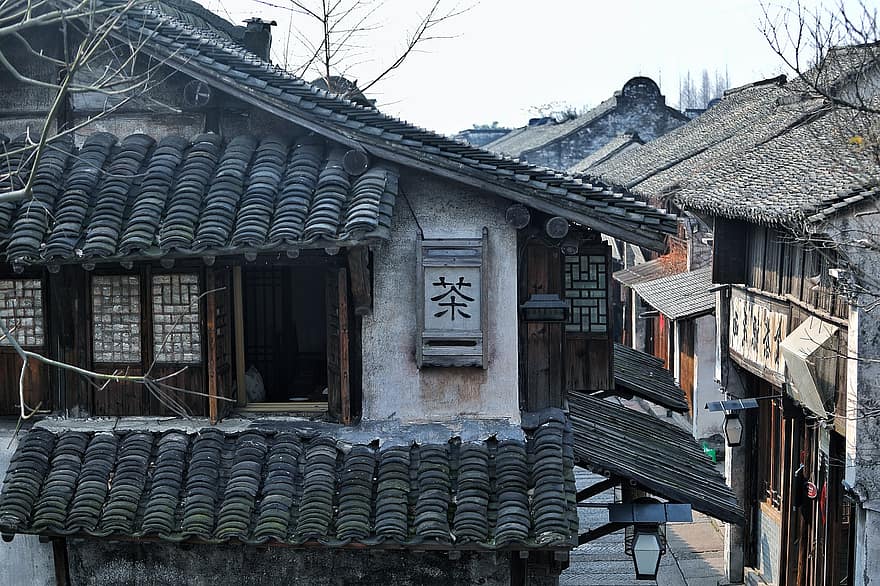 gamlebyen, gate, Asia, gammel bygning, Kina, Wuzhen, Jiangnan, tak, kulturer, arkitektur, takstein