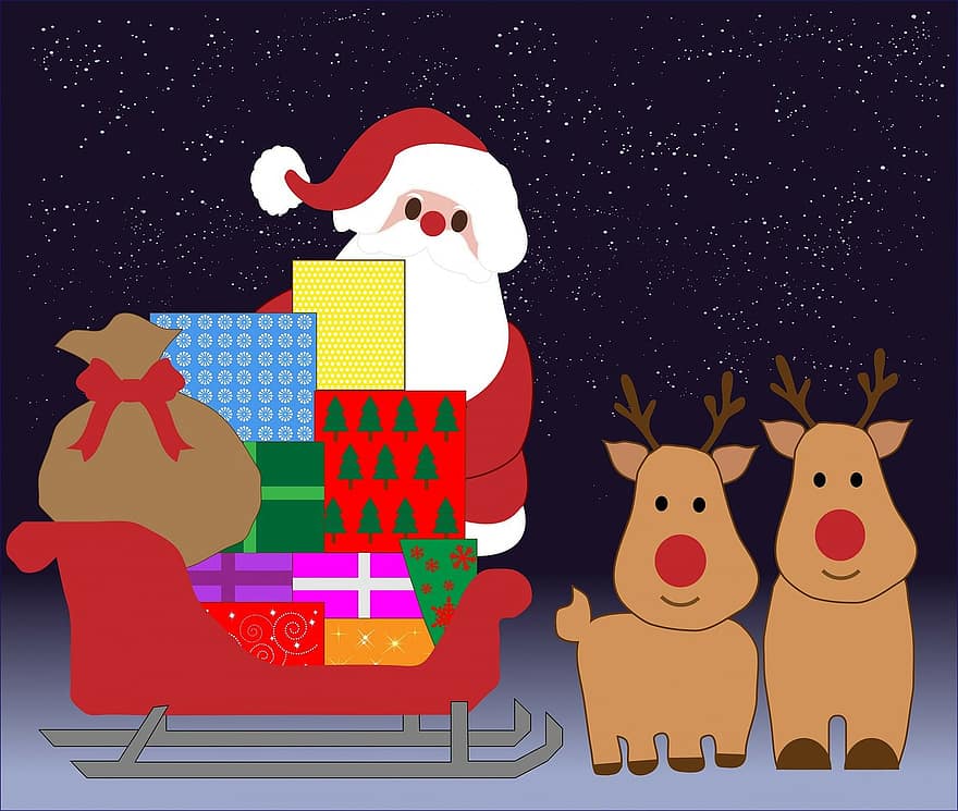 Noël, Père Noël, père Noël, renne, cadeau, traîneau, dessin animé, art, nuit