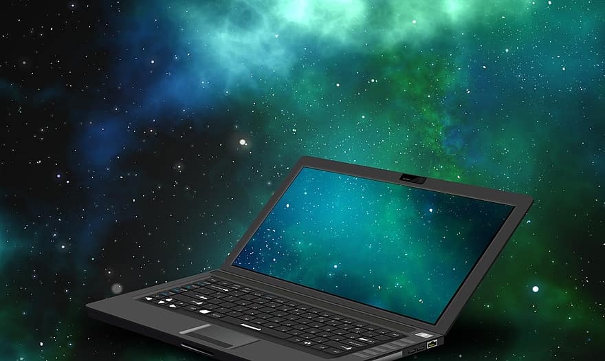 notatnik, laptop, wszechświat, mgła, przestrzeń, gwiazda
