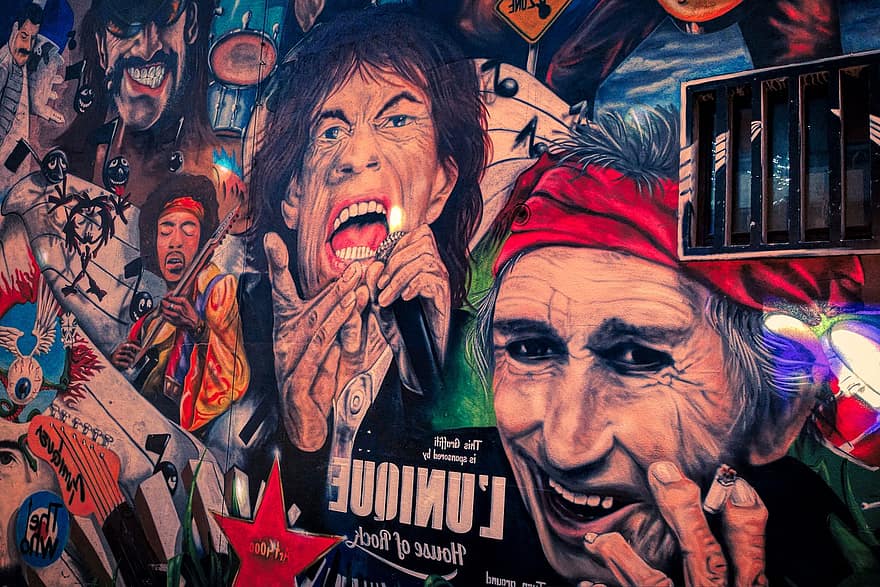 mural, perete, opera de arta, arta stradală, pictat, pietre care se rostogolesc, Mick Jagger, keith richards, hauswand, muzică, idoli