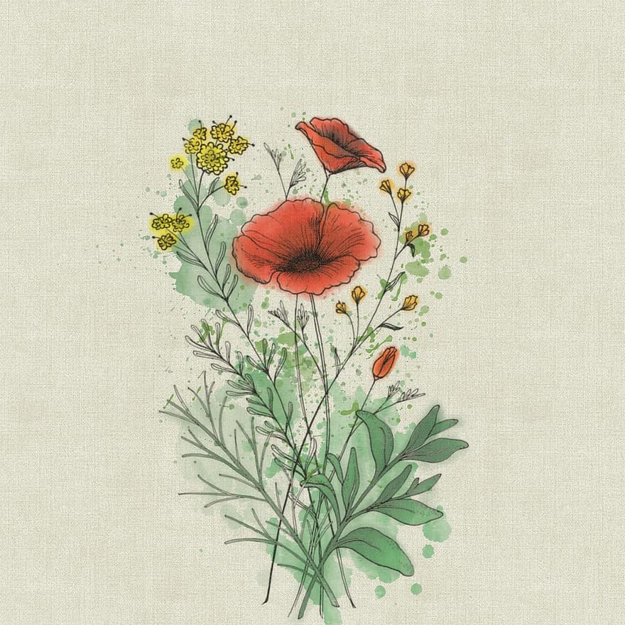 Poppies, Flowers, Watercolor, Painting, Red Flowers, Bloom, Background, Canvas, Paint, Artistic, Creative