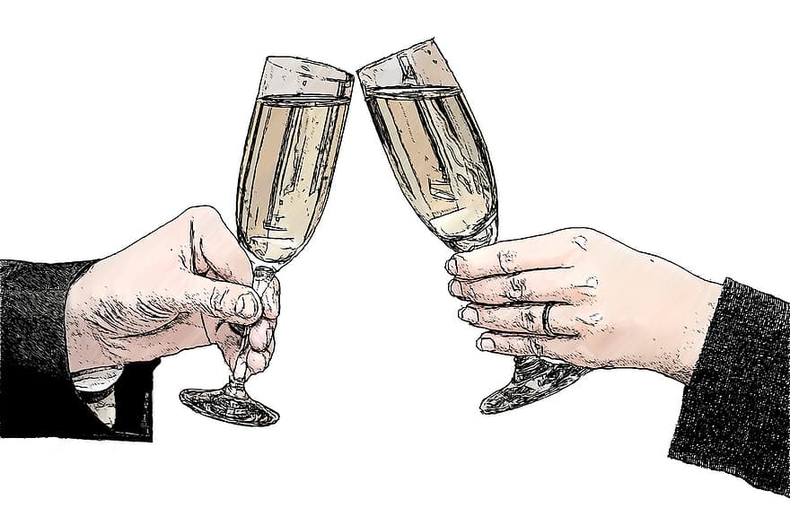 champagneglazen, Champagne, de hand van de vrouw, man hand, handen, alcohol, mousserende wijn, aanliggen, vieren, succes, socialiseren
