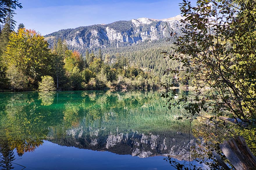 lago da montanha, floresta, montanhas, reflexão