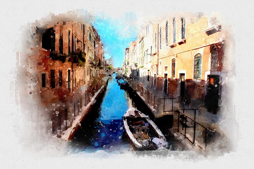 Veneza, aguarela, feriado, pintura, cidade, italiano, ponto de referência, agua, Europa, famoso, panorama