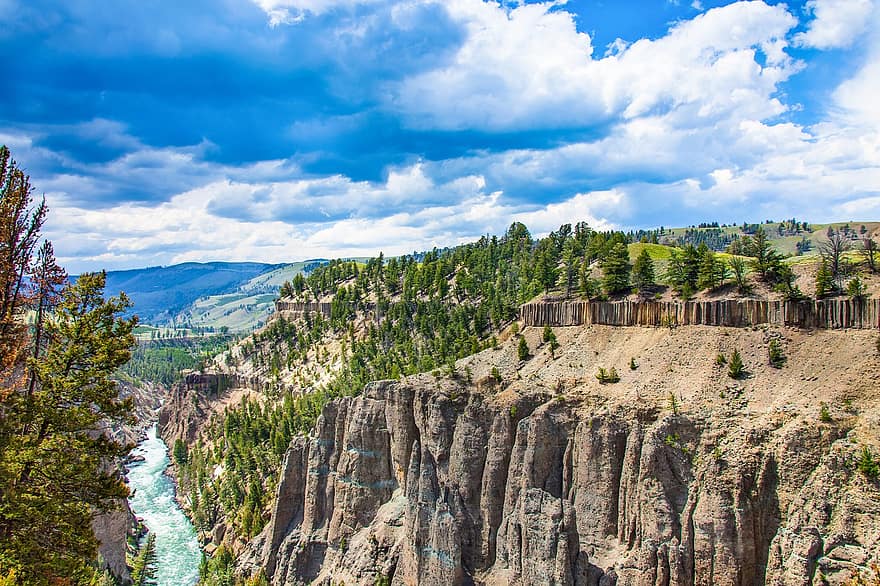 montagne, canyon, fiume, paesaggio, catena montuosa, scenario, panoramico, natura, Parco Nazionale di Yellowstone, Stati Uniti d'America, nannapaneni