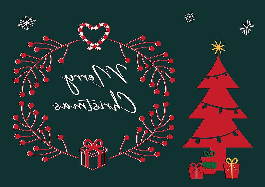 kerst motief, kerstkaart, modern, montuur, kerstboom, Kerstmis, geschenken, poinsettia, rood, groen, decoratief