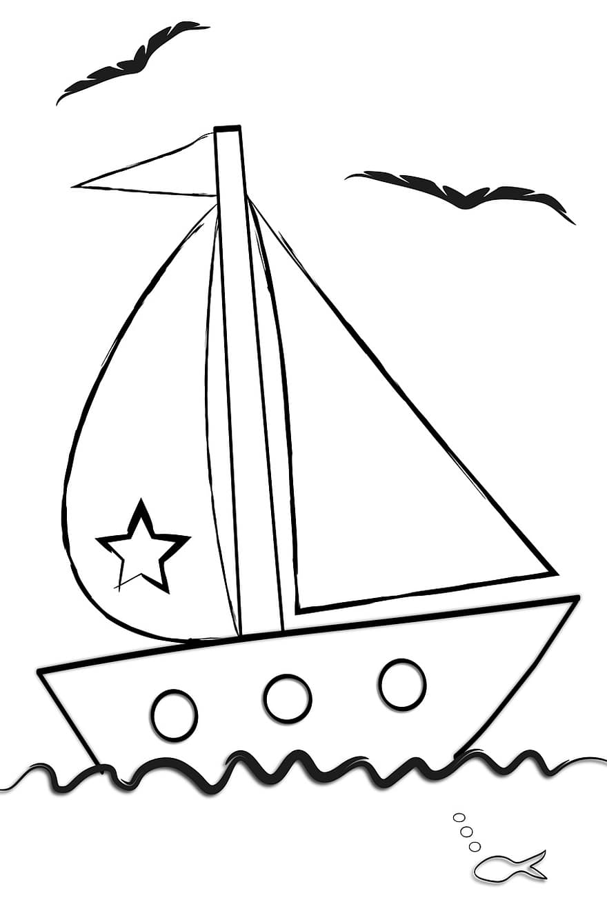 vene, sarjakuva, väritys, purjehdus, purjevene, purjelauta, Lasten