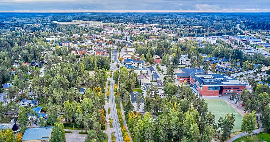 stad, Nummela, Finland, Vihti, gebouwen, stedelijk, bomen, boom, Bos, architectuur, luchtfoto