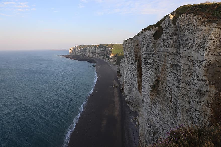 стръмна скала, плаж, море, крайбрежие, вълни, брегова линия, хоризонт, океан, природа, Етрета, Нормандия