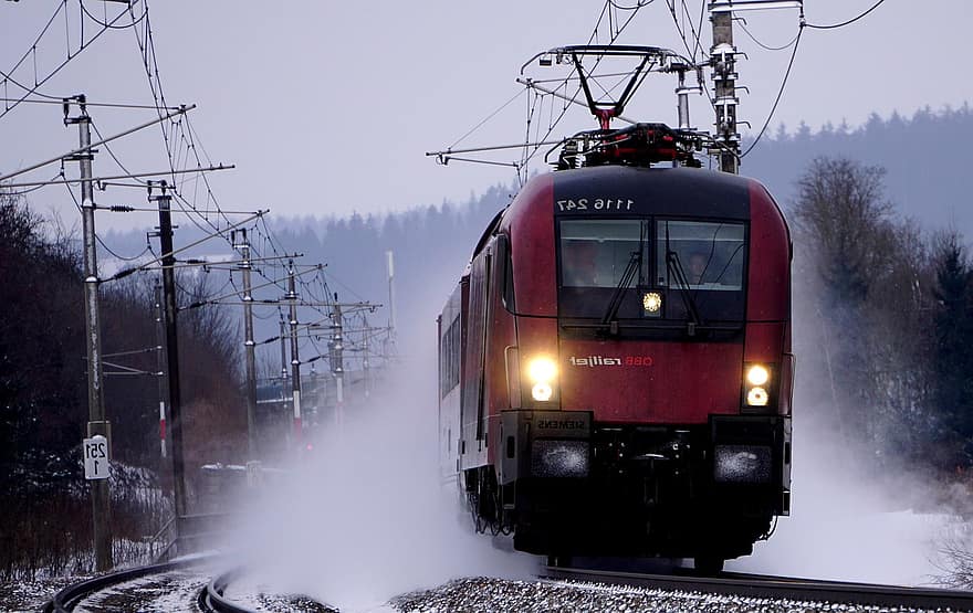 vilciens, dzelzceļš, ziemā, migla, railjet, ātrgaitas vilciens, lokomotīvi, sniegs, sniega flurry, sliežu ceļi, dzelzceļa sliežu ceļi