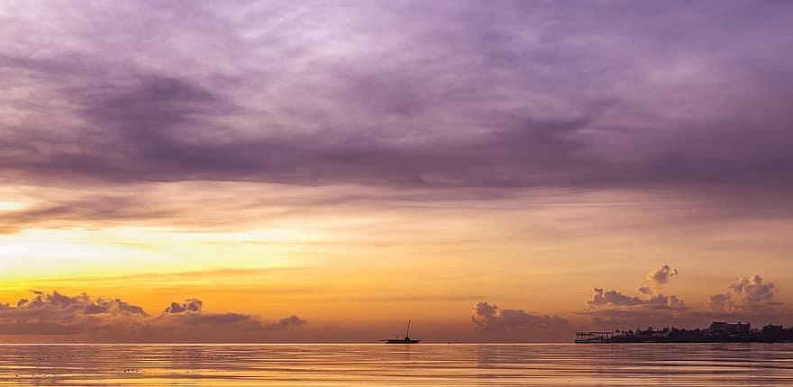 mar, puesta de sol, cielo, bote, navegación, silueta, horizonte, nubes, reflexión, agua, Oceano