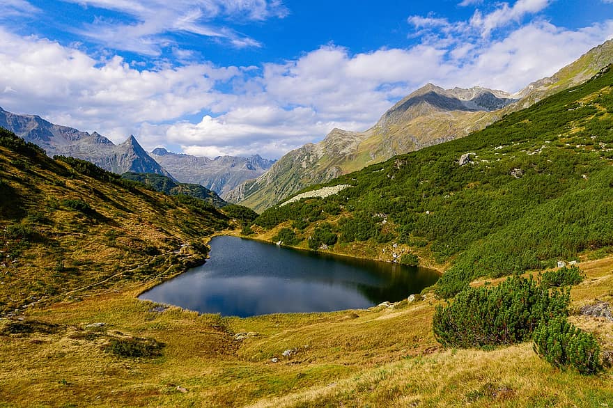 湖、山岳、谷、山脈、山谷、秋、ベルグゼー、水、自然、風景、ハイキング