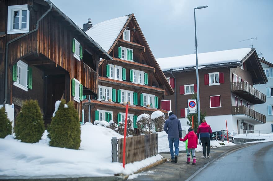 Швейцария, зима, городок, семья, деревня, время года