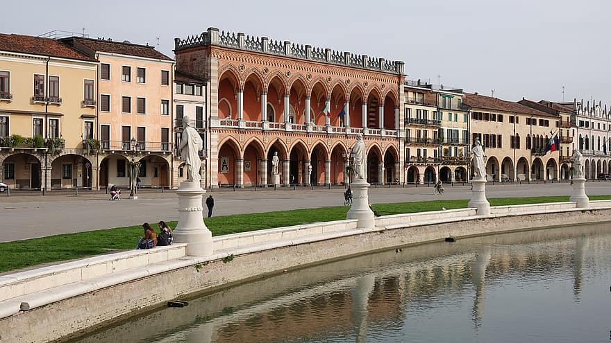 paláce, sochy, kanál, náměstí, Piazza Prato Della Valle, Padova