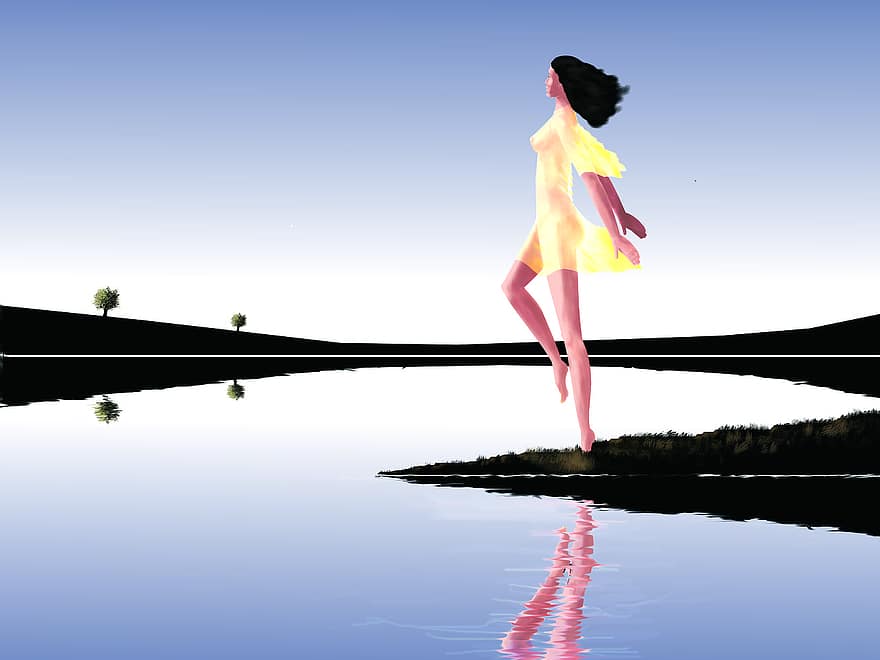 жінка, озеро, самка, комп’ютерна графіка, настрій, молодий, води, дзеркальне відображення
