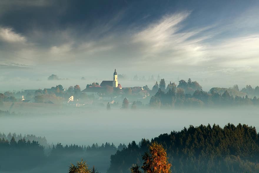 edificio, castillo, fortaleza, niebla, bosque, arboles, otoño, naturaleza, baviera, Niederbayern