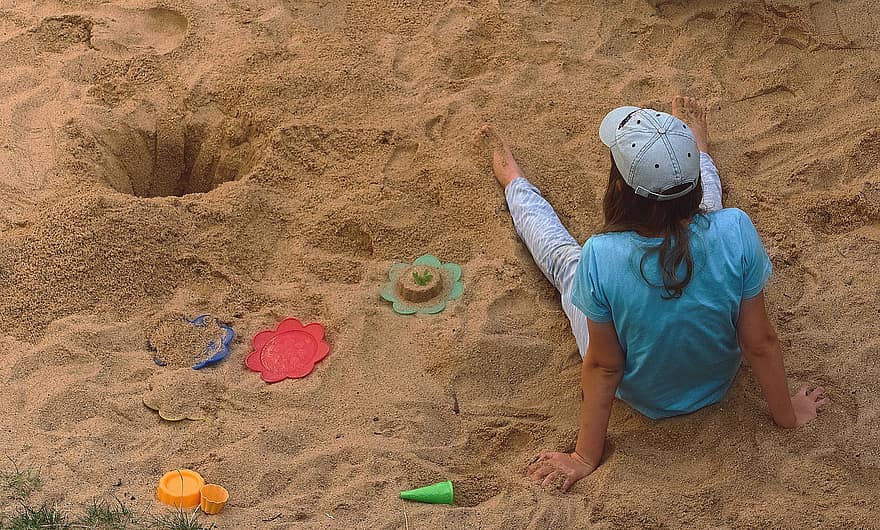 dívka, písek, hřiště, pískoviště, dítě, hraní
