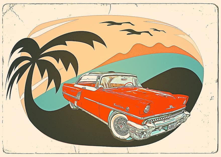 antika araba, araç, otomobil, Poster Kartı, Palmiye ağaçları, gezi, seyahat etmek, renkli, çizim