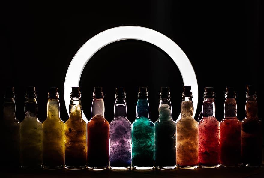 Botellas nebulosas, Botellas de galaxia, botellas de colores, botellas, resplandecer