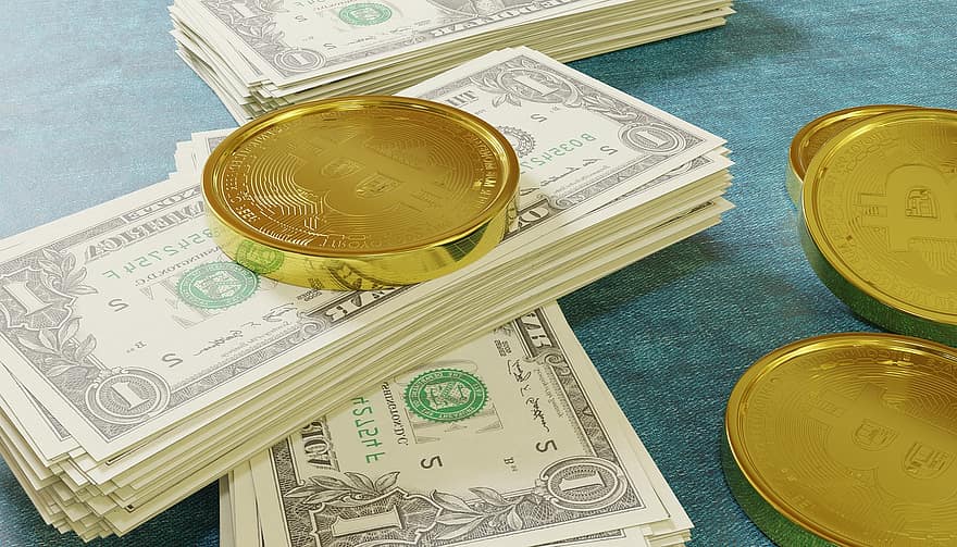 Bitcoin, des dollars, crypto-monnaie, en espèces, richesse, crypto, pièces de monnaie, factures, billets de banque, billets d'un dollar