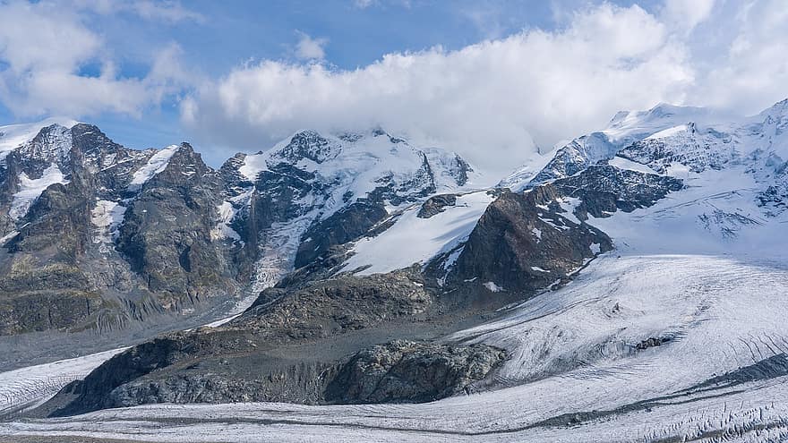 Pxklimaatactie, gletsjer, bergen, top, morteratsch-gletsjer, Alpen, natuur, piz bernina, Graubünden, Zwitserland, sneeuw