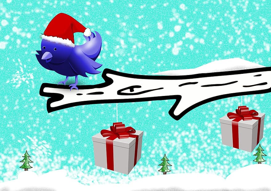 nieve, pájaro, regalo, rama, invierno, Navidad, sombrero de Santa, Nochebuena, estado de ánimo de invierno
