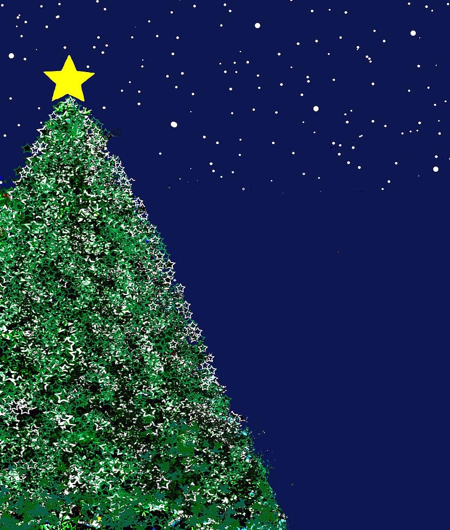 Fir Tree, Star, Christmas, Night, Starry Sky, Sky, Snowfall, Background, Structure, Texture, Pattern