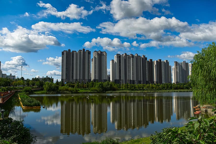 Buildings, River, High-rise, Skyline, Apartments, Apartment Complex, Condominiums, High-rise Buildings, Reflection, Mirroring, City