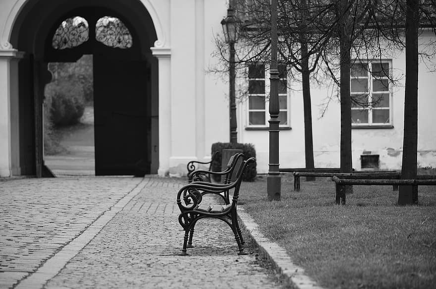 banco, asiento, parque, portón, puerta, Entrada, edificio, arquitectura, Monasterio de Břevnov, ciudad