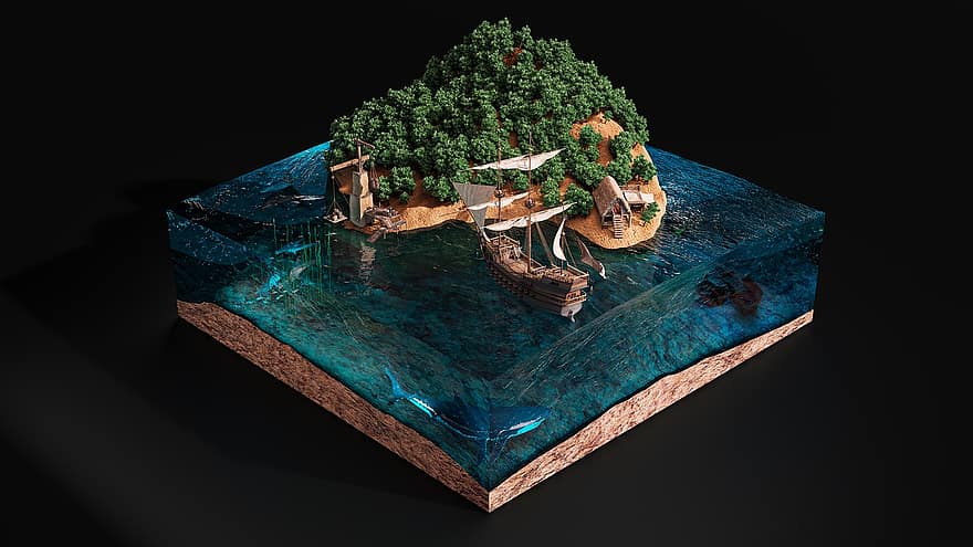 قرية ، سفينة ، قارب ، غابة ، البحر ، محيط ، ماء ، 3D ، التوضيح 3D ، تقديم 3D ، تقديم الدورات