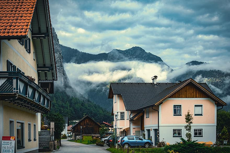 vesnice, chalupa, domy, hory, mlha, vozy, vozidel, stromy, les, krajina, Rakousko