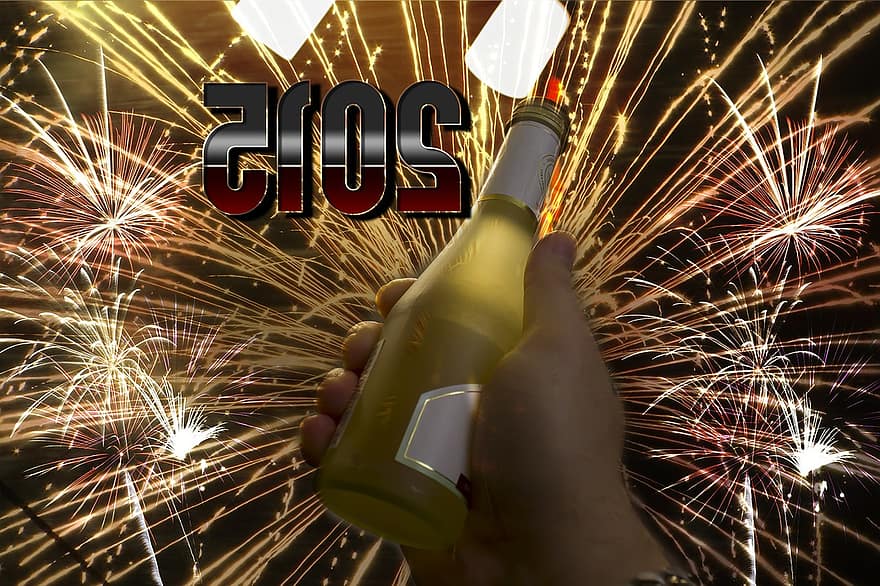 mano, champán, cambio de año, estados financieros anuales, Vispera de Año Nuevo, mantener, fuegos artificiales