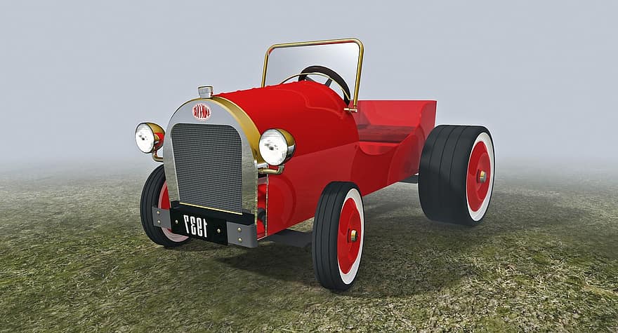 auto, pedaal, rood, oude auto, 3d, 1937