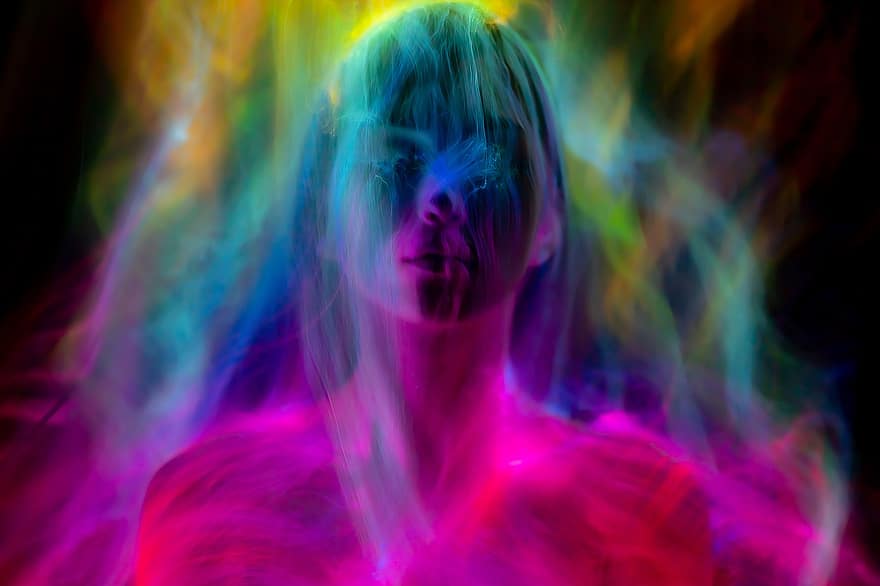 Smoke, Abstract, Girl, Portrait, Witch, Fantasy, Young, Face, Neon, Art, Light