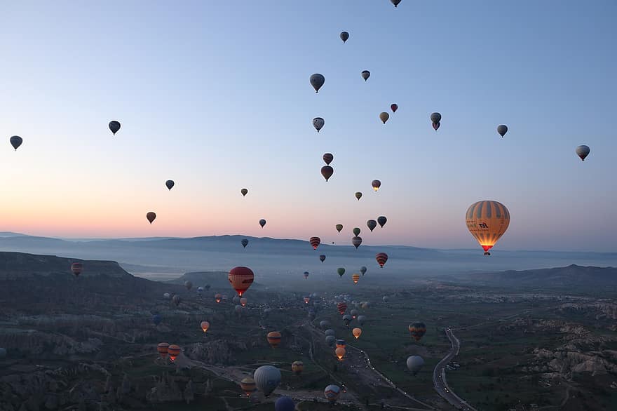 varmluftsballong, ballong, himmel, landskap, soloppgang, Tyrkia, Kappadokia, reise, drøm, Kapadokya, solnedgang
