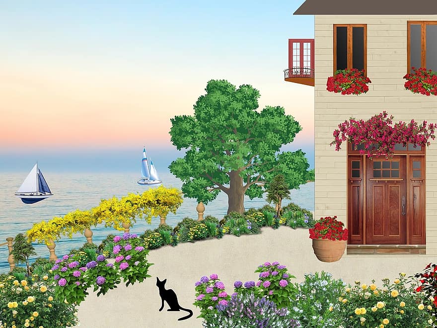 Dům, moře, pobřeží, modrý, Příroda, Černá kočka, stromy, krajina, truhlíky, okno, květinové záhony