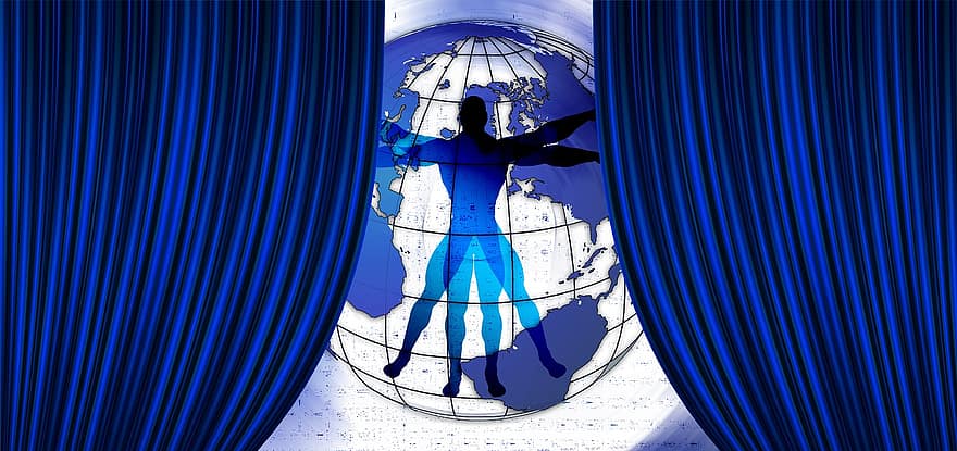 hombre de Vitruvio, teatro, cortina, globo, tierra, continentes, antiguo