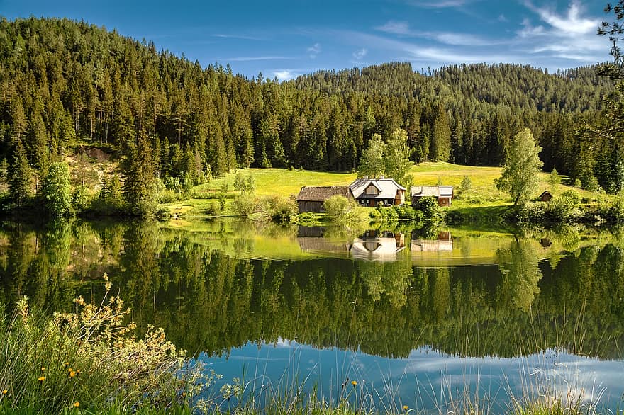 cabine, cabana, lago, arvores, floresta, reflexão, ao ar livre, Mariazeller Land, Walster