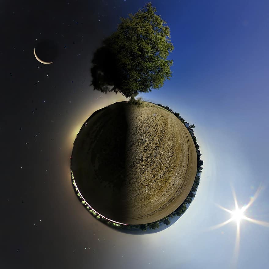день и ночь, маленькая планета, солнце и Луна, дерево, настроение, тень, природа, солнце, Луна, звезда