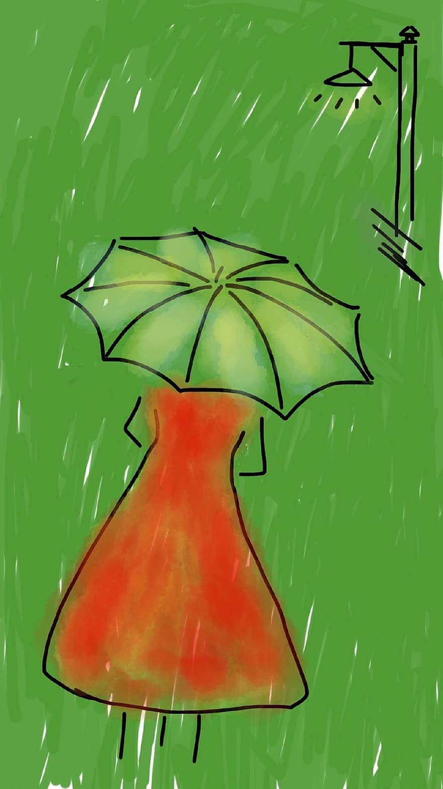vrouw, paraplu, regen, regenachtig, rode jurk, straat, wandelen, jong, regenen, groen, straatlantaarn