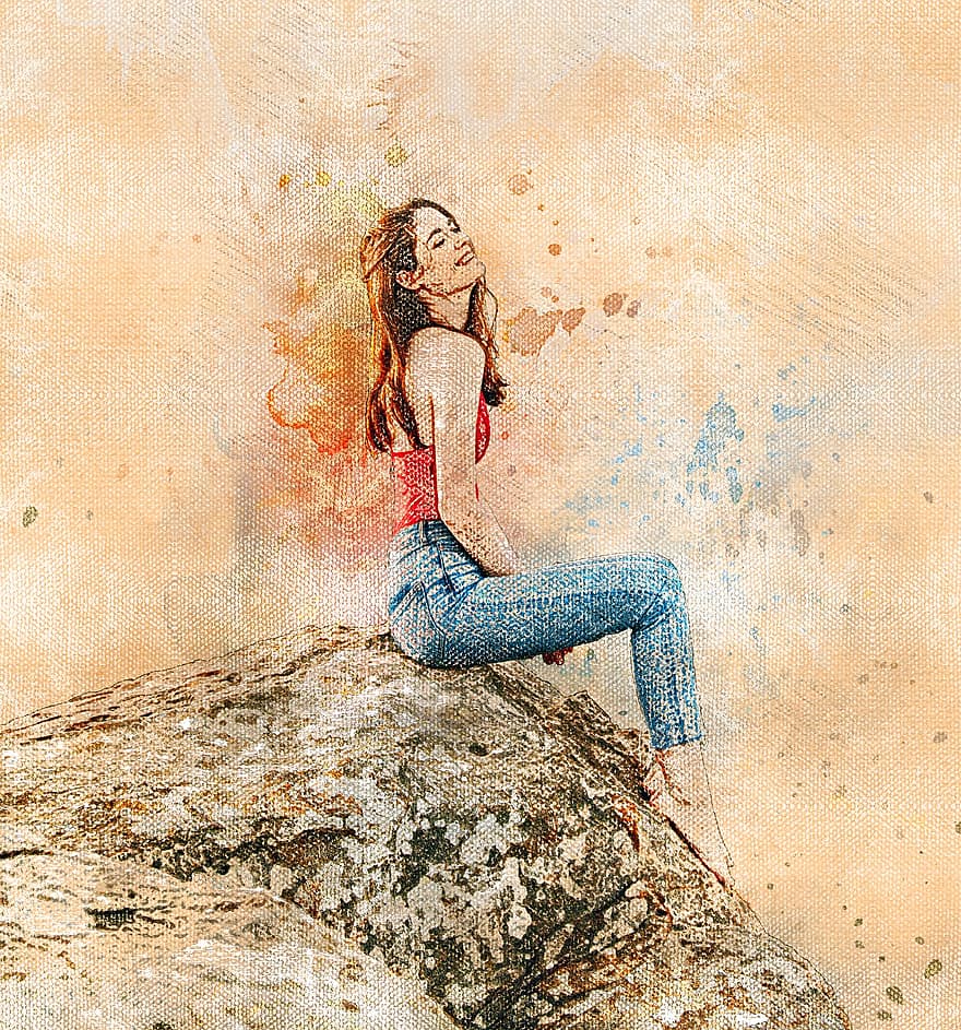 Akvarell digitális, lány, fiatal, ül egy sziklán