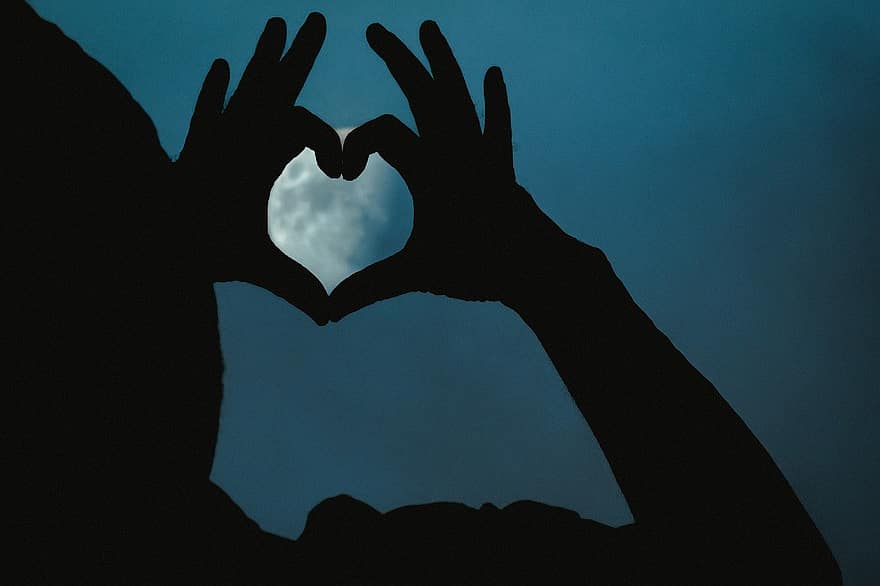 Heart Hands, Moonlight, Sky, Night, Evening, Silhouette, Nature, Moon, love, heart shape, human hand