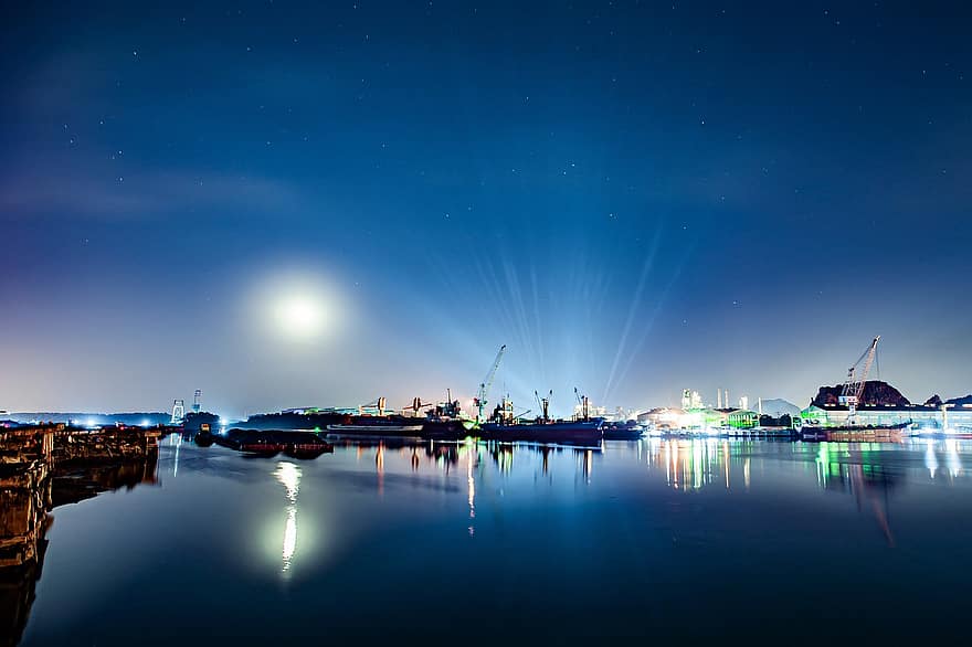 नदी, बंदरगाह, चांदनी, पूर्णचंद्र, जहाजों, प्रकाशित, रात का आसमान, पानी के प्रतिबिंब, मिरर, दर्पण छवि, शिपिंग