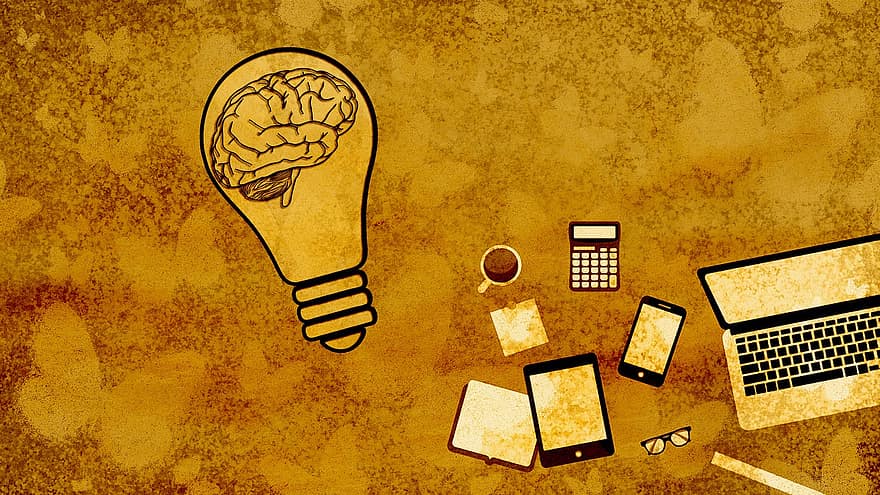 cérebro, lâmpada, computador portátil, óculos, idéia, conceito, símbolo, vintage, criativo, imaginativo, saúde mental