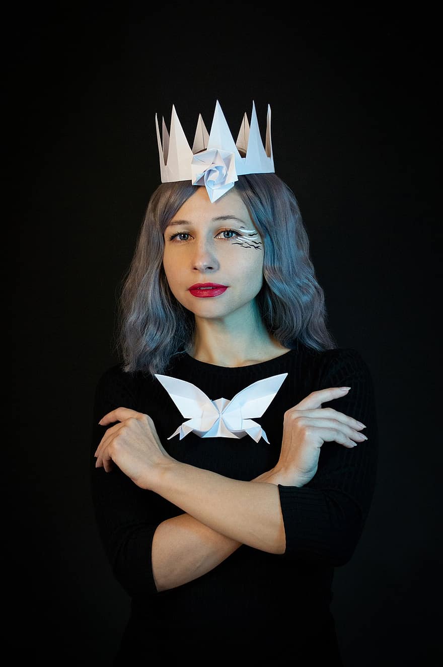 Woman, Beauty, Crown, Origami, Queen, Butterfly, Paper Butterfly, Makeup, Put Up, Glamor, Portrait