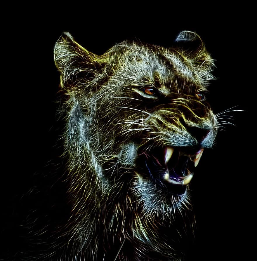 lejon, lioness, fractalius, fotokonst, svart bakgrund, djurvärlden, rovdjur, vildkatt, djur, stor katt, porträtt