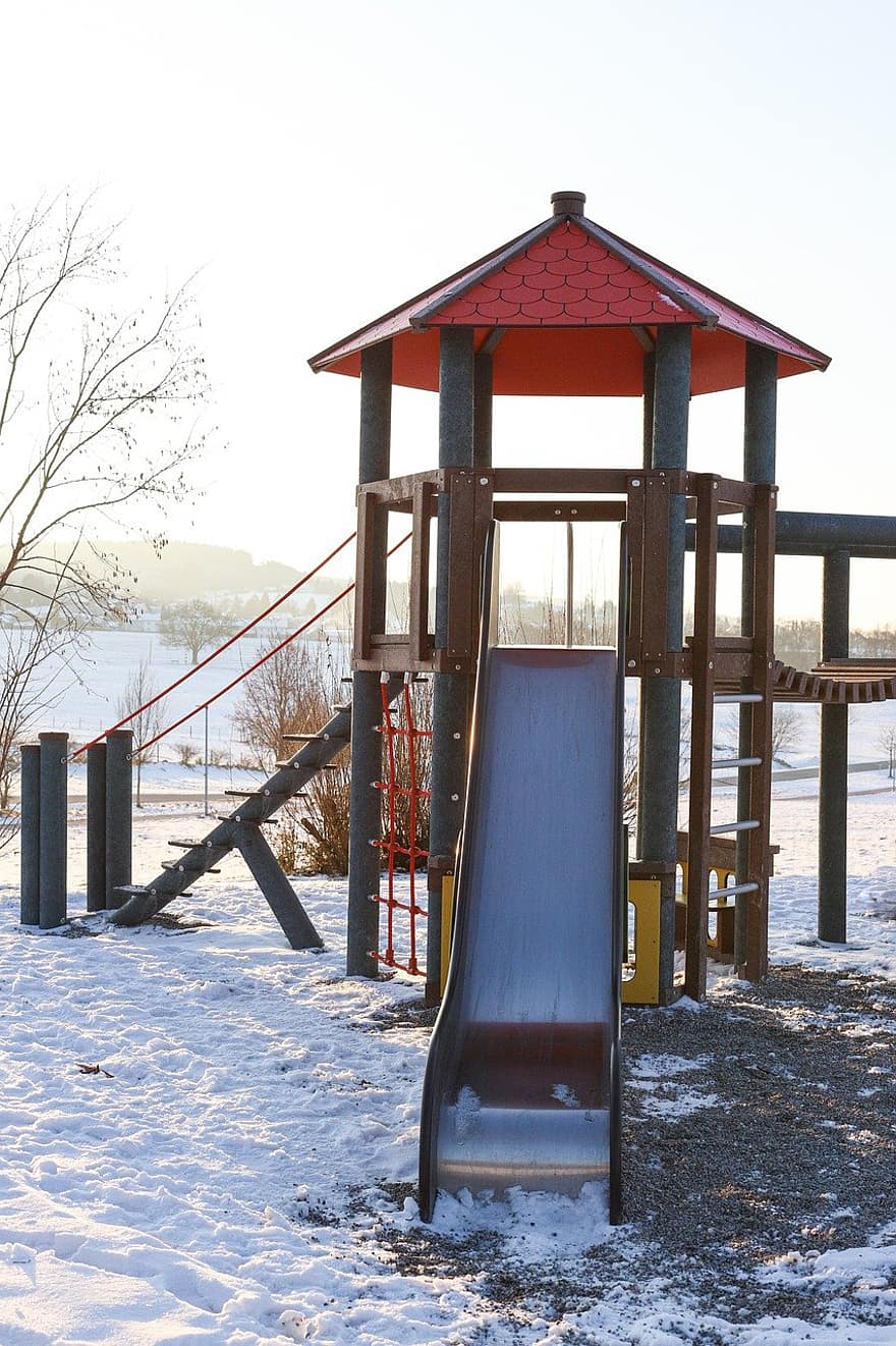 tempat bermain, musim dingin, Slide Taman Bermain, slide, kayu, salju, musim, Es, menyenangkan, embun beku, geser
