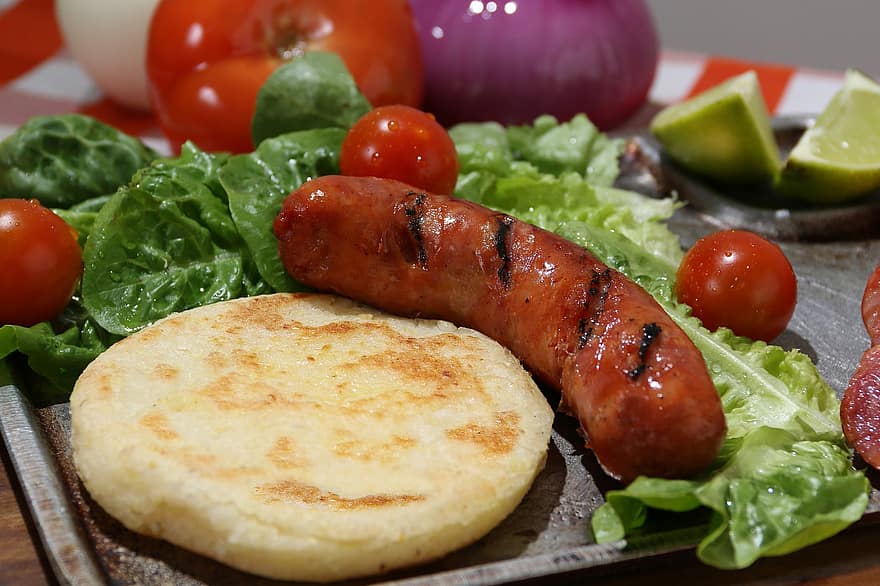 Meal, Dish, Plate, Arepa, Sausage, Chorizo, Grill, Meat, Roast, Tradition, Traditional